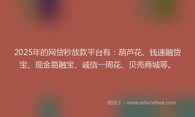 2025年的网贷秒放款平台有：葫芦花、钱速融贷宝、现金易融宝、诚信一周花、贝壳商城等。