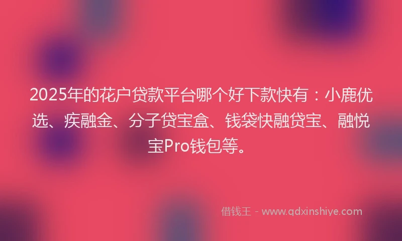 2025年的花户贷款平台哪个好下款快有:小鹿优选、疾融金、分子贷宝盒、钱袋快融贷宝、融悦宝Pro钱包等。