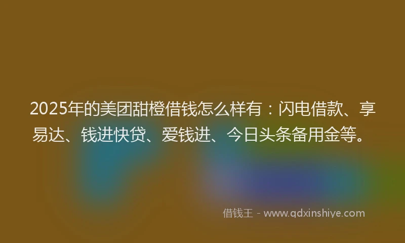 2025年的美团甜橙借钱怎么样有：闪电借款、享易达、钱进快贷、爱钱进、今日头条备用金等。