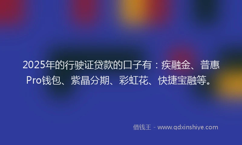 2025年的行驶证贷款的口子有：疾融金、普惠Pro钱包、紫晶分期、彩虹花、快捷宝融等。