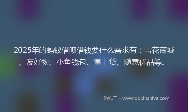 2025年的蚂蚁借呗借钱要什么需求有：雪花商城、友好物、小鱼钱包、掌上贷、随意优品等。