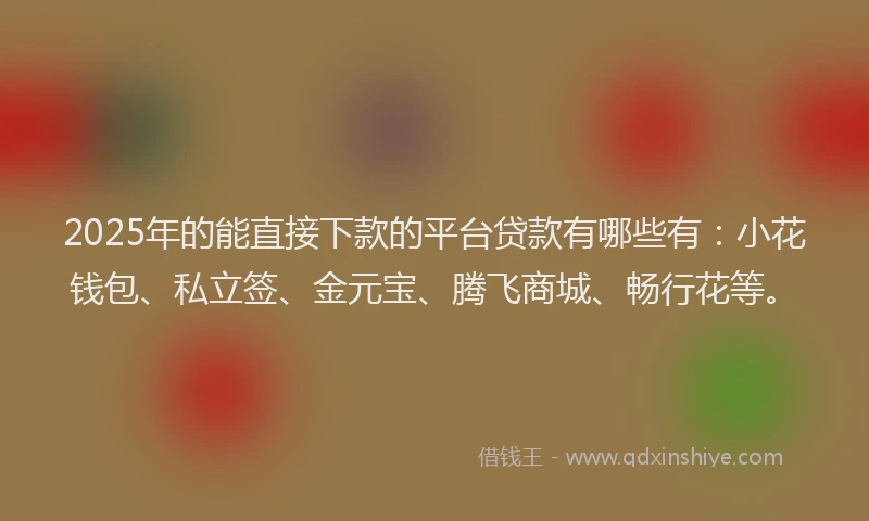 2025年的能直接下款的平台贷款有哪些有：小花钱包、私立签、金元宝、腾飞商城、畅行花等。