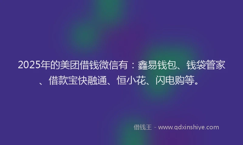 2025年的美团借钱微信有：鑫易钱包、钱袋管家、借款宝快融通、恒小花、闪电购等。
