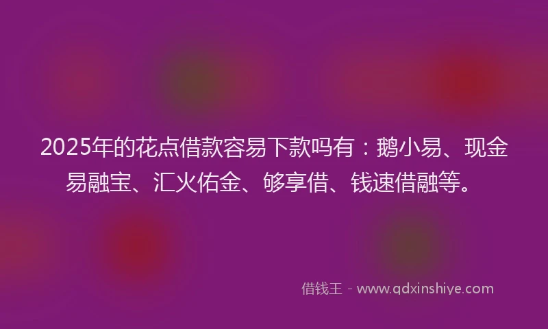 2025年的花点借款容易下款吗有：鹅小易、现金易融宝、汇火佑金、够享借、钱速借融等。
