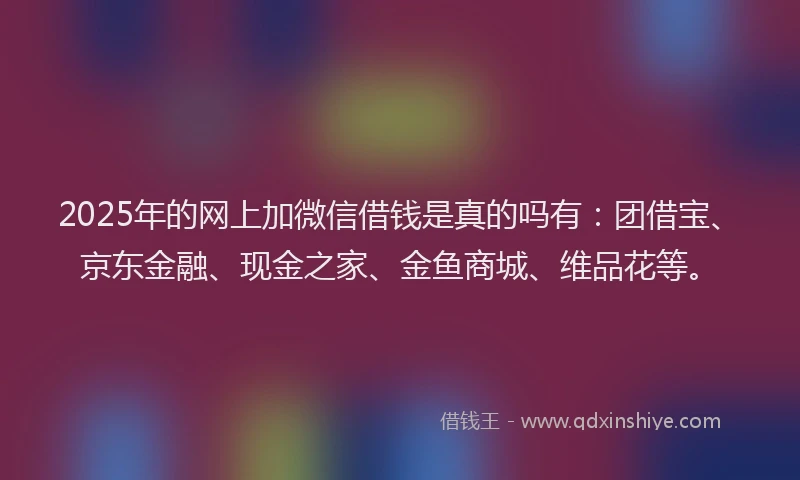 2025年的网上加微信借钱是真的吗有：团借宝、京东金融、现金之家、金鱼商城、维品花等。