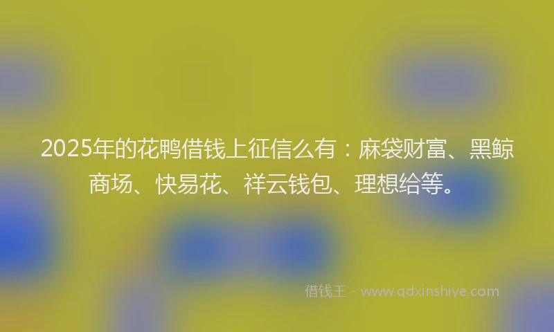 2025年的花鸭借钱上征信么有：麻袋财富、黑鲸商场、快易花、祥云钱包、理想给等。
