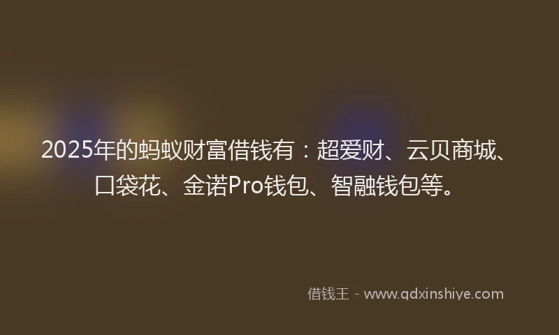 2025年的蚂蚁财富借钱有：超爱财、云贝商城、口袋花、金诺Pro钱包、智融钱包等。