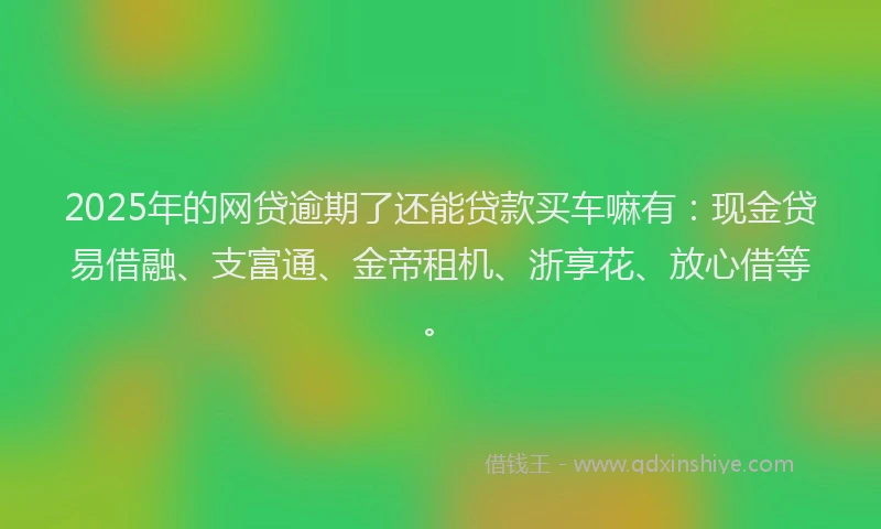 2025年的网贷逾期了还能贷款买车嘛有：现金贷易借融、支富通、金帝租机、浙享花、放心借等。