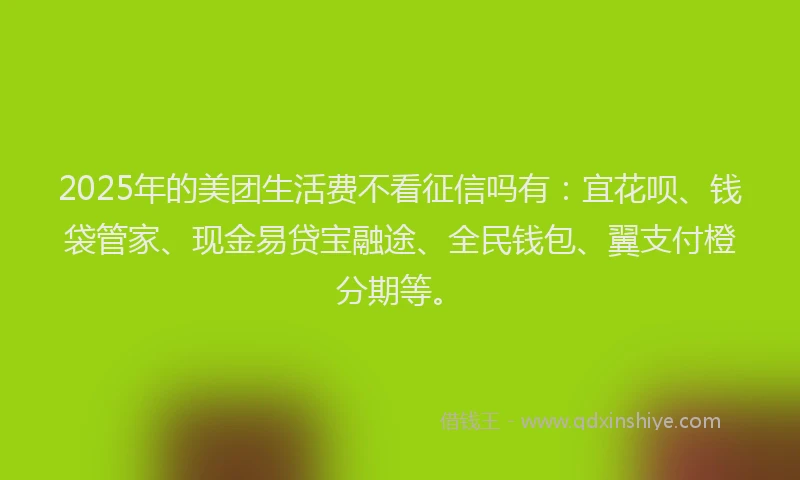 2025年的美团生活费不看征信吗有：宜花呗、钱袋管家、现金易贷宝融途、全民钱包、翼支付橙分期等。