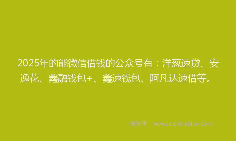 2025年的能微信借钱的公众号有：洋葱速贷、安逸花、鑫融钱包+、鑫速钱包、阿凡达速借等。