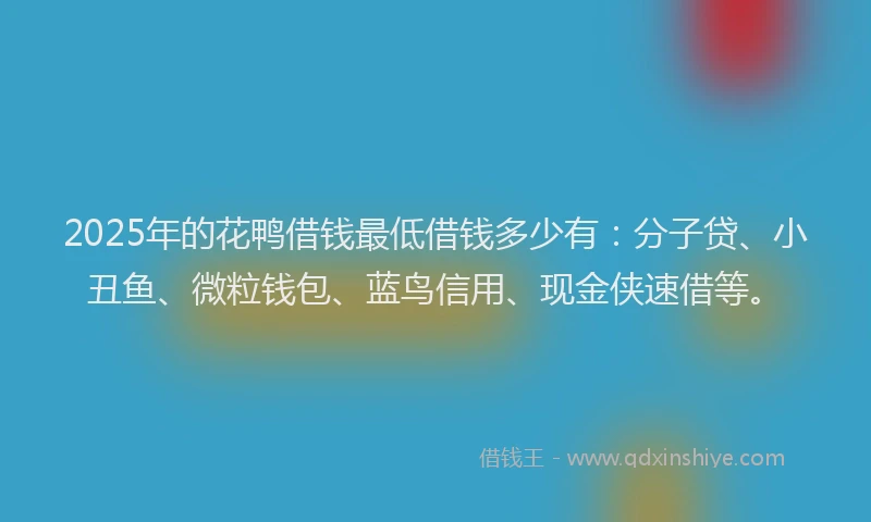 2025年的花鸭借钱最低借钱多少有：分子贷、小丑鱼、微粒钱包、蓝鸟信用、现金侠速借等。