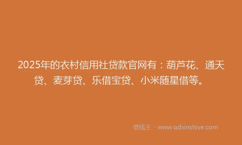 2025年的衣村信用社贷款官网有：葫芦花、通天贷、麦芽贷、乐借宝贷、小米随星借等。