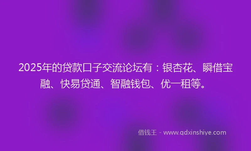 2025年的贷款口子交流论坛有：银杏花、瞬借宝融、快易贷通、智融钱包、优一租等。