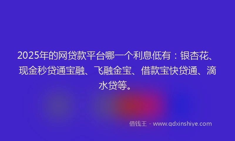 2025年的网贷款平台哪一个利息低有：银杏花、现金秒贷通宝融、飞融金宝、借款宝快贷通、滴水贷等。