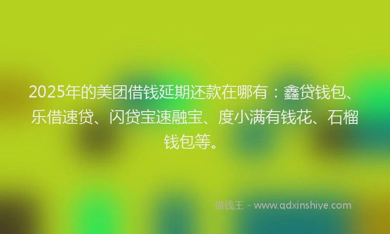2025年的美团借钱延期还款在哪有：鑫贷钱包、乐借速贷、闪贷宝速融宝、度小满有钱花、石榴钱包等。