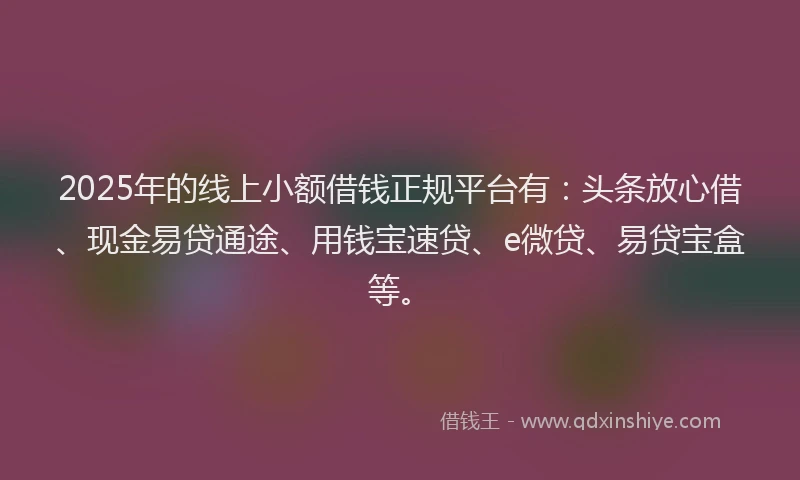 2025年的线上小额借钱正规平台有：头条放心借、现金易贷通途、用钱宝速贷、e微贷、易贷宝盒等。
