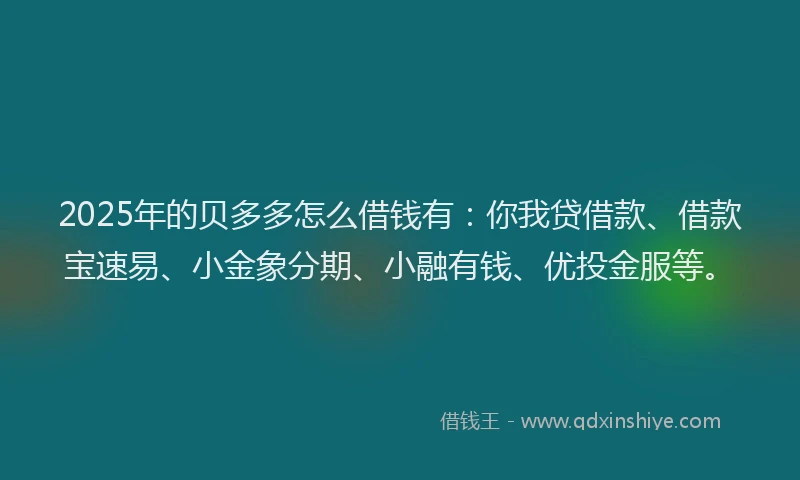 2025年的贝多多怎么借钱有：你我贷借款、借款宝速易、小金象分期、小融有钱、优投金服等。