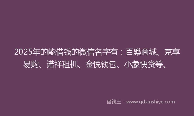 2025年的能借钱的微信名字有：百樂商城、京享易购、诺祥租机、金悦钱包、小象快贷等。