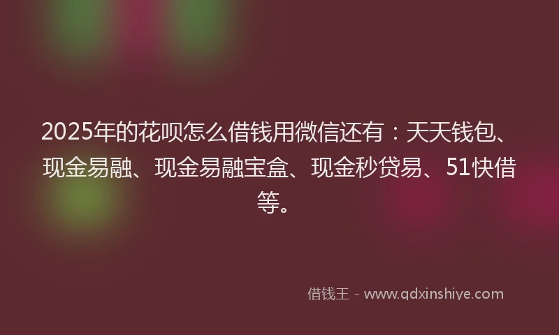 2025年的花呗怎么借钱用微信还有：天天钱包、现金易融、现金易融宝盒、现金秒贷易、51快借等。