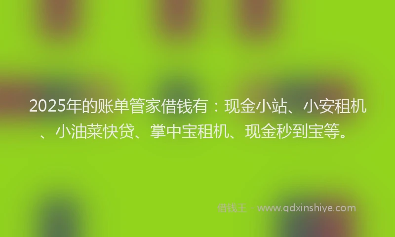 2025年的账单管家借钱有：现金小站、小安租机、小油菜快贷、掌中宝租机、现金秒到宝等。