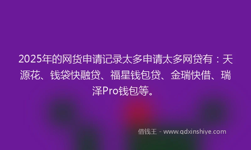 2025年的网货申请记录太多申请太多网贷有：天源花、钱袋快融贷、福星钱包贷、金瑞快借、瑞泽Pro钱包等。