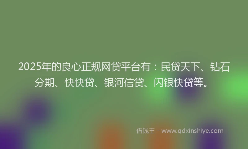 2025年的良心正规网贷平台有：民贷天下、钻石分期、快快贷、银河信贷、闪银快贷等。