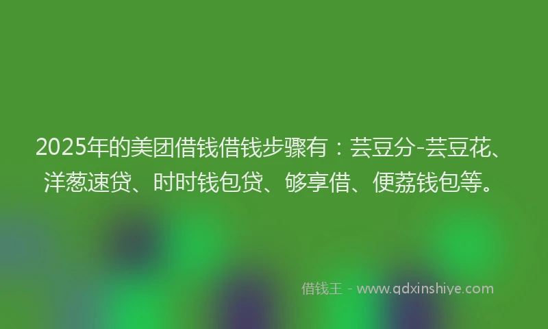 2025年的美团借钱借钱步骤有：芸豆分-芸豆花、洋葱速贷、时时钱包贷、够享借、便荔钱包等。