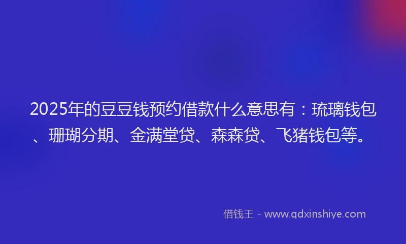 2025年的豆豆钱预约借款什么意思有：琉璃钱包、珊瑚分期、金满堂贷、森森贷、飞猪钱包等。