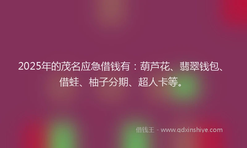 2025年的茂名应急借钱有：葫芦花、翡翠钱包、借蛙、柚子分期、超人卡等。
