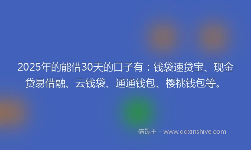 2025年的能借30天的口子有：钱袋速贷宝、现金贷易借融、云钱袋、通通钱包、樱桃钱包等。