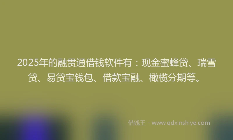 2025年的融贯通借钱软件有：现金蜜蜂贷、瑞雪贷、易贷宝钱包、借款宝融、橄榄分期等。
