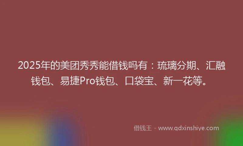 2025年的美团秀秀能借钱吗有：琉璃分期、汇融钱包、易捷Pro钱包、口袋宝、新一花等。