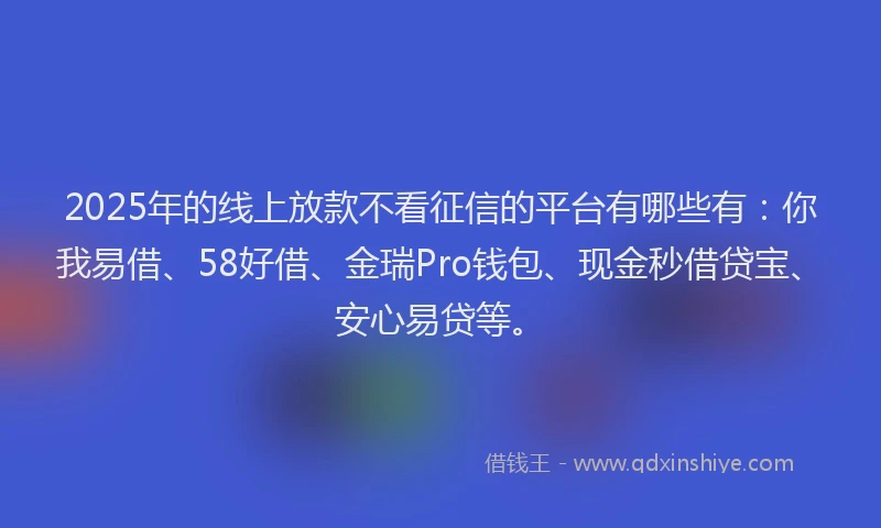 2025年的线上放款不看征信的平台有哪些有：你我易借、58好借、金瑞Pro钱包、现金秒借贷宝、安心易贷等。