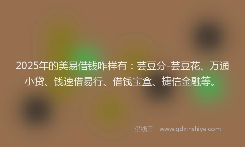 2025年的美易借钱咋样有：芸豆分-芸豆花、万通小贷、钱速借易行、借钱宝盒、捷信金融等。