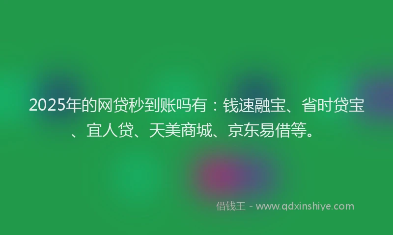 2025年的网贷秒到账吗有：钱速融宝、省时贷宝、宜人贷、天美商城、京东易借等。