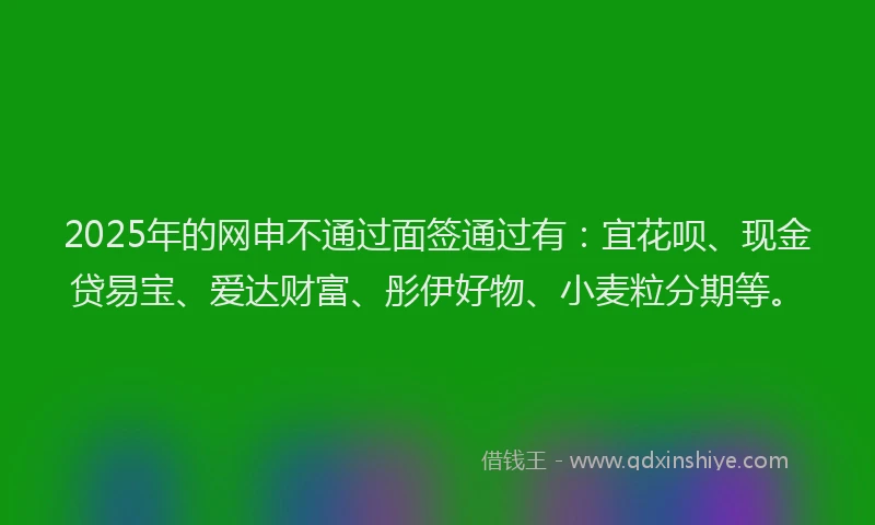 2025年的网申不通过面签通过有：宜花呗、现金贷易宝、爱达财富、彤伊好物、小麦粒分期等。