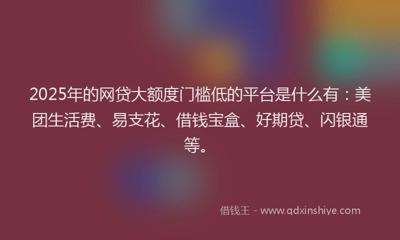 2025年的网贷大额度门槛低的平台是什么有：美团生活费、易支花、借钱宝盒、好期贷、闪银通等。