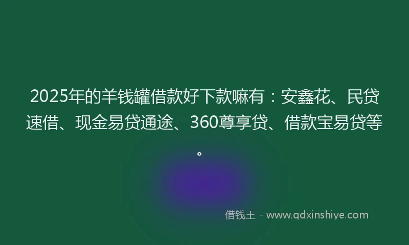 2025年的羊钱罐借款好下款嘛有：安鑫花、民贷速借、现金易贷通途、360尊享贷、借款宝易贷等。