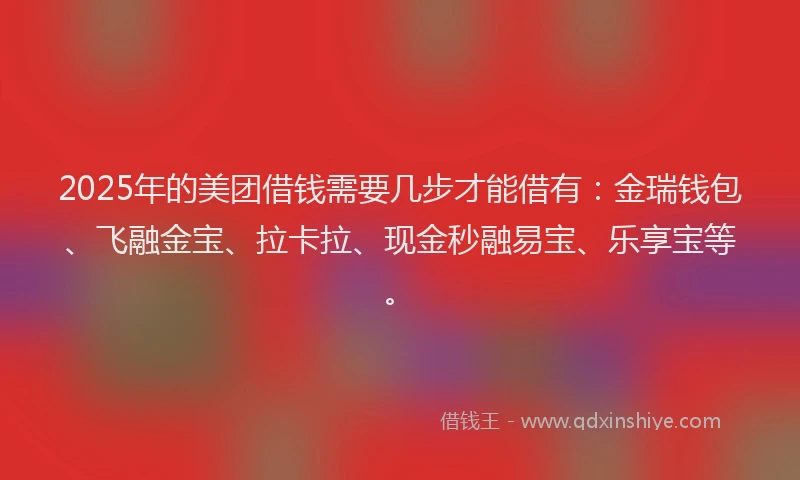 2025年的美团借钱需要几步才能借有：金瑞钱包、飞融金宝、拉卡拉、现金秒融易宝、乐享宝等。