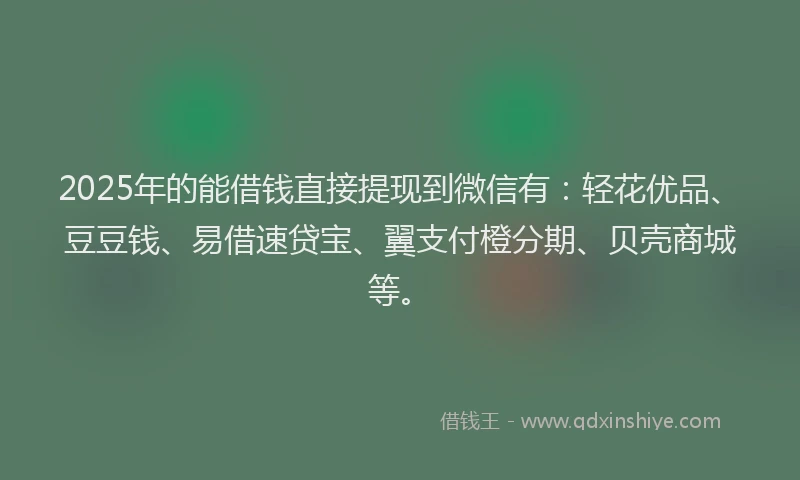 2025年的能借钱直接提现到微信有：轻花优品、豆豆钱、易借速贷宝、翼支付橙分期、贝壳商城等。