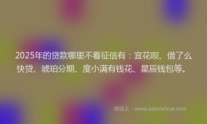 2025年的贷款哪里不看征信有：宜花呗、借了么快贷、琥珀分期、度小满有钱花、星辰钱包等。