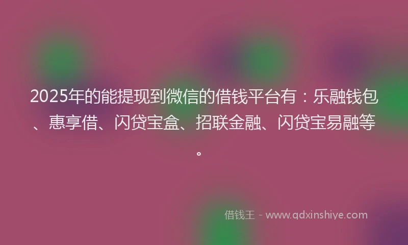 2025年的能提现到微信的借钱平台有：乐融钱包、惠享借、闪贷宝盒、招联金融、闪贷宝易融等。