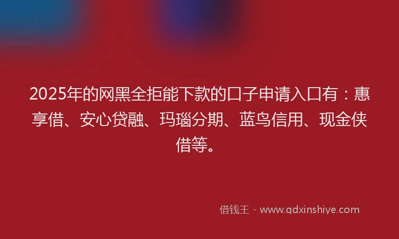 2025年的网黑全拒能下款的口子申请入口有：惠享借、安心贷融、玛瑙分期、蓝鸟信用、现金侠借等。