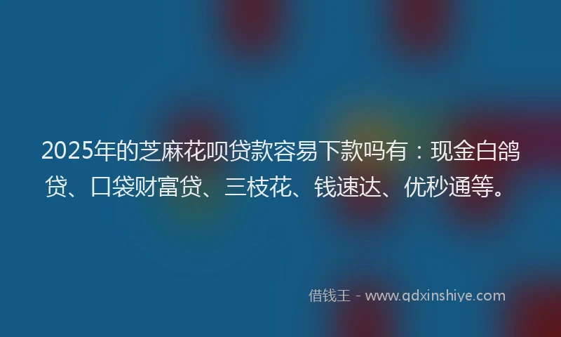 2025年的芝麻花呗贷款容易下款吗有:现金白鸽贷、口袋财富贷、三枝花、钱速达、优秒通等。
