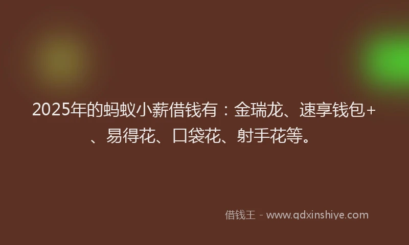 2025年的蚂蚁小薪借钱有:金瑞龙、速享钱包+、易得花、口袋花、射手花等。