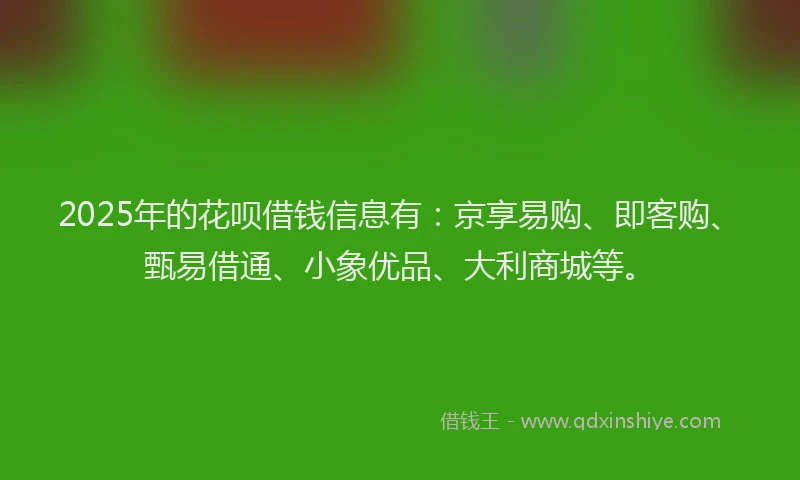 2025年的花呗借钱信息有：京享易购、即客购、甄易借通、小象优品、大利商城等。