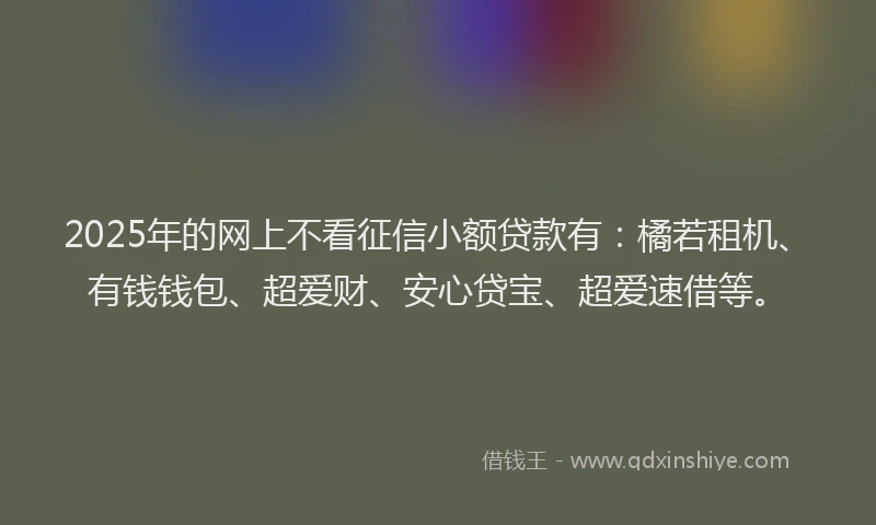 2025年的网上不看征信小额贷款有：橘若租机、有钱钱包、超爱财、安心贷宝、超爱速借等。