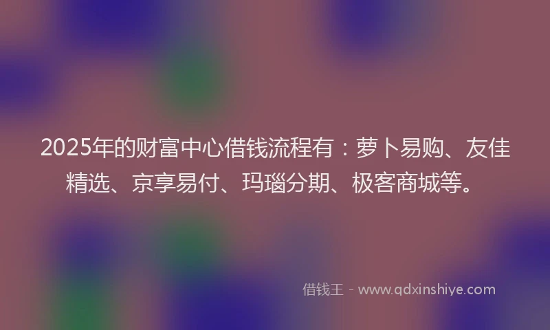 2025年的财富中心借钱流程有：萝卜易购、友佳精选、京享易付、玛瑙分期、极客商城等。