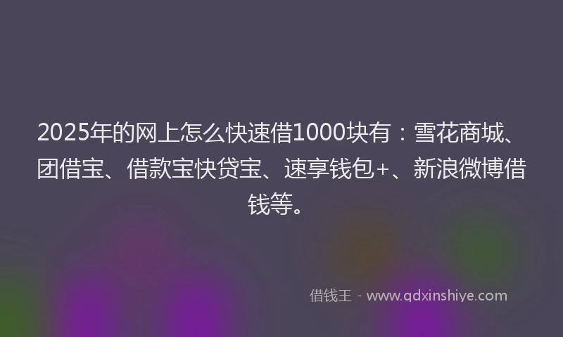 2025年的网上怎么快速借1000块有:雪花商城、团借宝、借款宝快贷宝、速享钱包+、新浪微博借钱等。