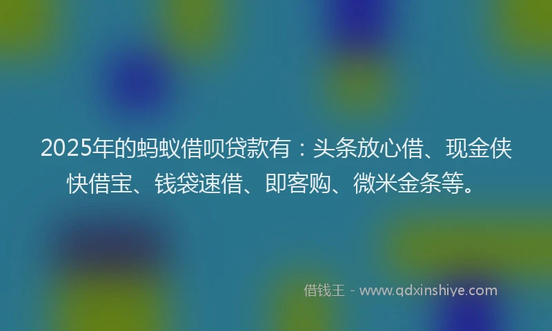 2025年的蚂蚁借呗贷款有：头条放心借、现金侠快借宝、钱袋速借、即客购、微米金条等。